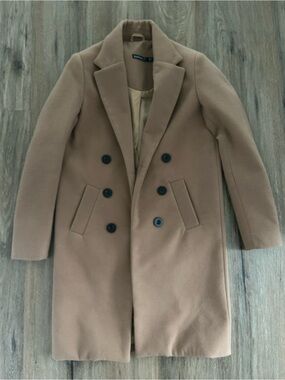 Boohoo Petite Double-Breasted Camel Wool Coat